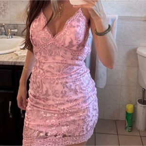pink sequin halter dress